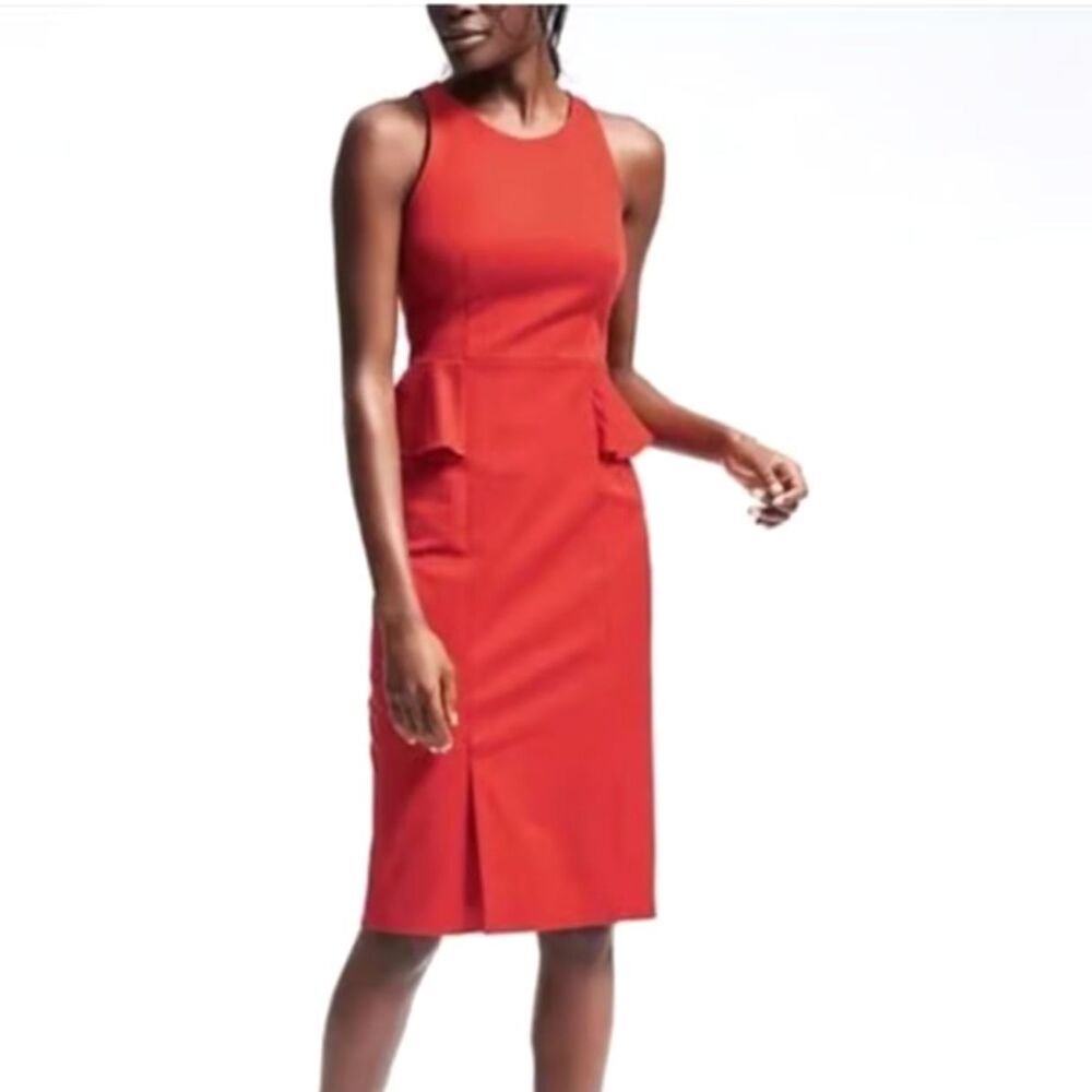 Banana Republic Red Sheath Dress Peplum Waist Sleeveless Size 14 Knee/Midi